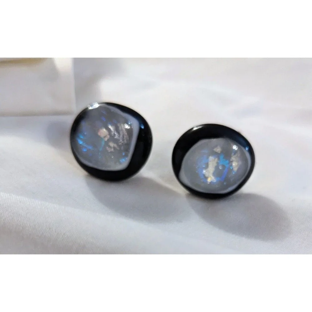 Fused Glass Men's Cufflinks Black & White Unique Pearly Opalescent Design
